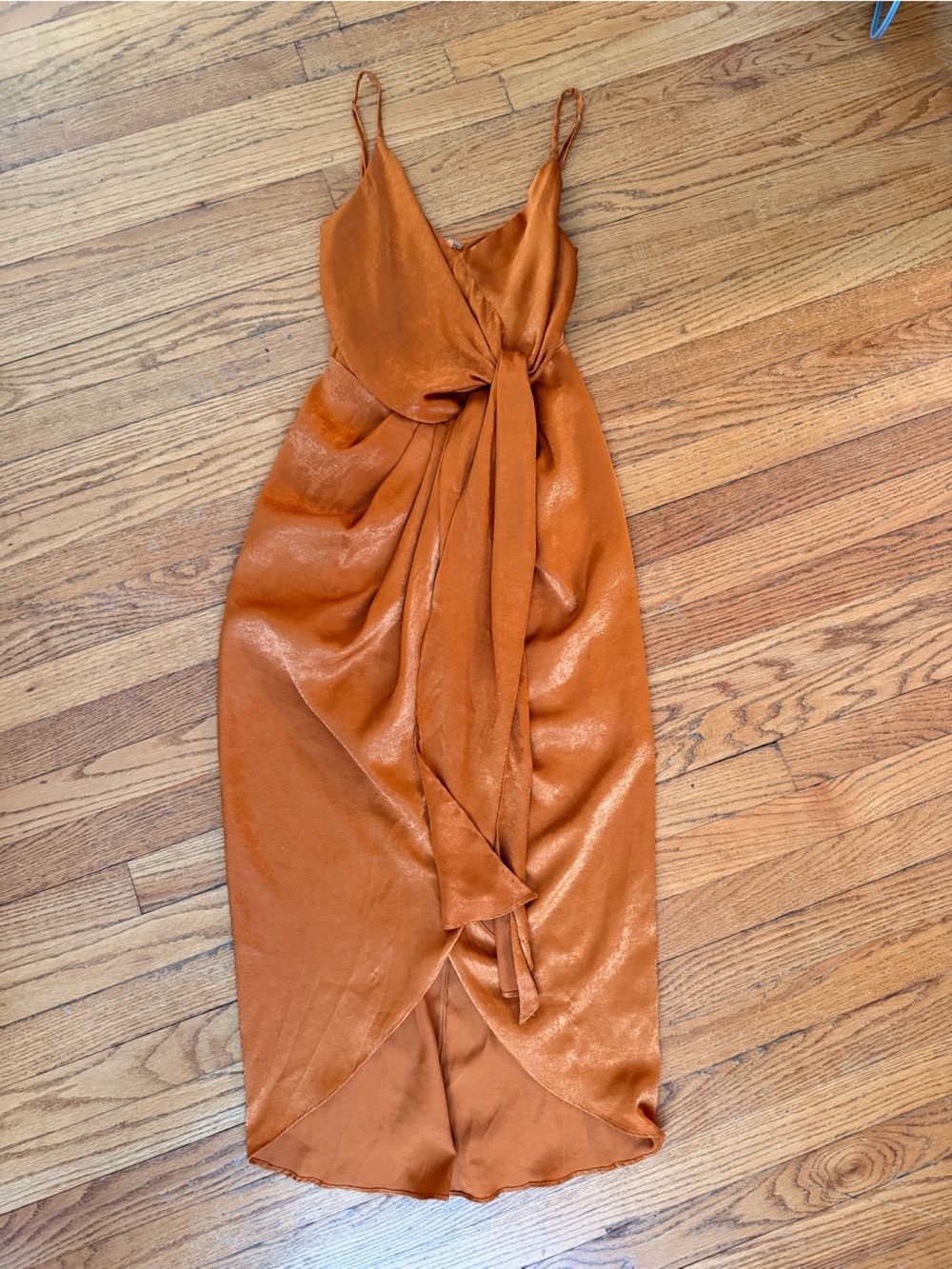 Baltic Born Burnt Orange Satin Knot Front Maxi Dress Size Small